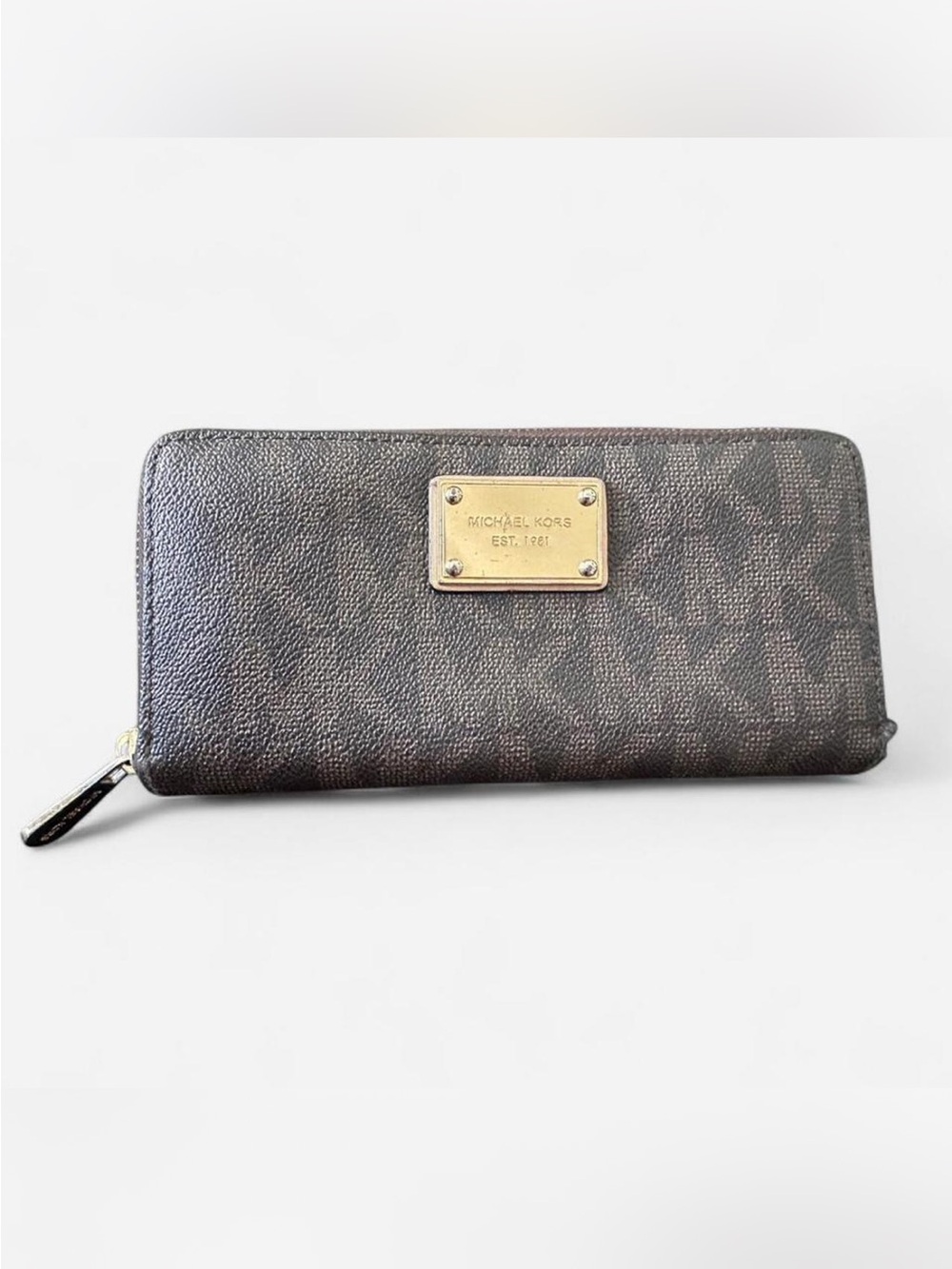Michael Kors Brown Signature Zip Wallet with Gold Plaque